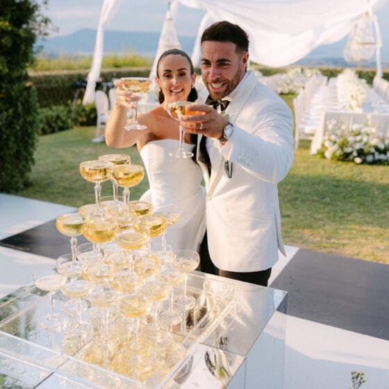 Elegant champagne tower created by Philoxenia Events for Abby and Isaac’s wedding celebration in Corfu, Greece.