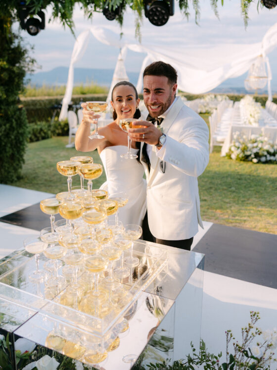 Elegant champagne tower created by Philoxenia Events for Abby and Isaac’s wedding celebration in Corfu, Greece.