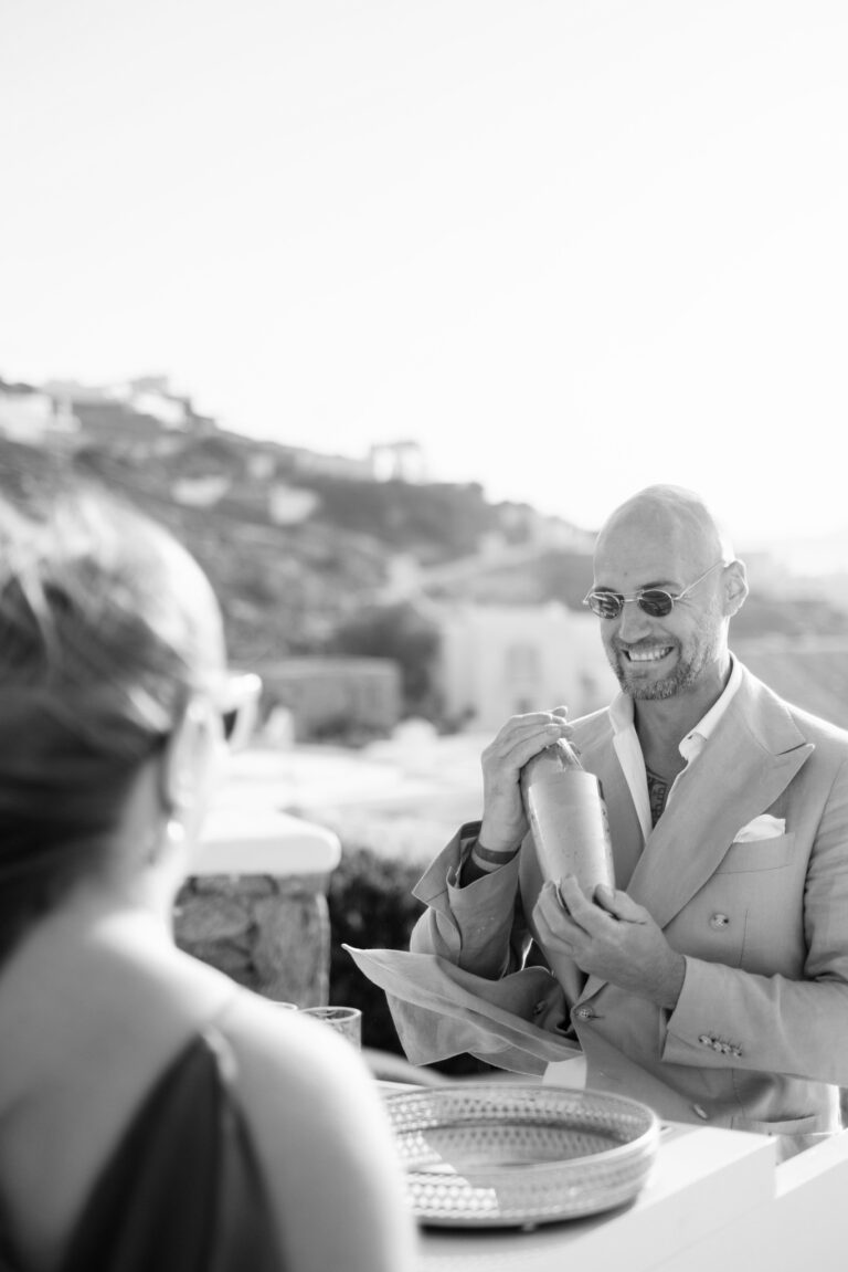 Philoxenia Events London hosting a wedding cocktail party in Mykonos with bespoke cocktails, elegant décor, and Mediterranean flair